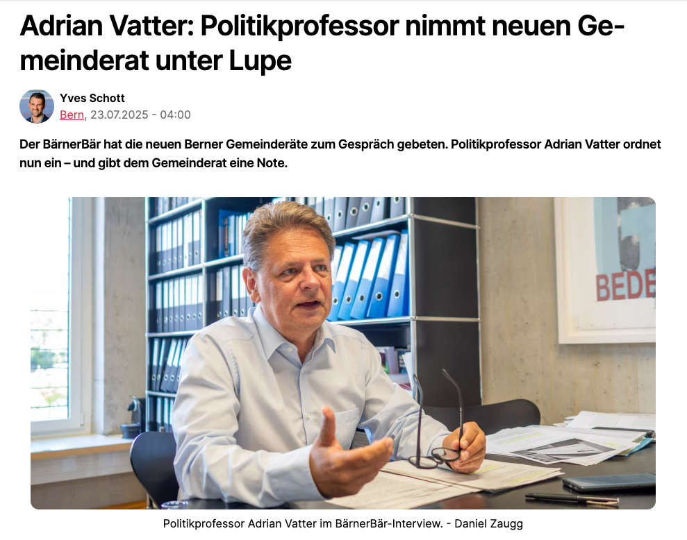 Interview mit Prof. Dr. Adrian Vatter vom Institut für Politikwissenschaft (IPW) an der Universität Bern, in dem er den neuen Berner Gemeinderat nach den ersten sechs Monaten der laufenden Legislatur einschätzt.