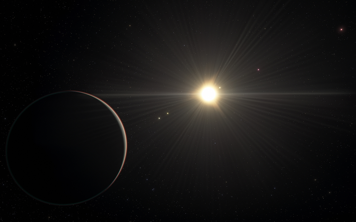 Künstlerische Darstellung des TOI-178-Systems mit dem Planeten im Vordergrund, der am Entferntesten um den Stern kreist.