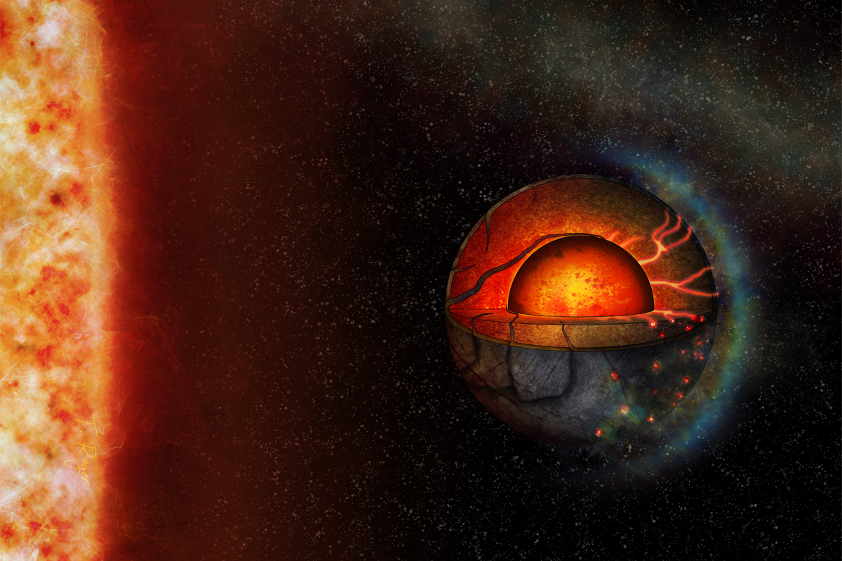 Diese künstlerische Illustration stellt die mögliche innere Dynamik des Exoplaneten LHS 3844b, einer sogenannten Super-Erde, dar. Die inneren Eigenschaften des Planeten und die starke Einstrahlung seines Wirtssterns könnten zu einer hemisphärischen Tektonik führen.