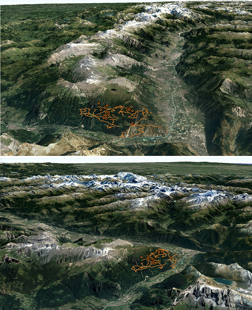 Google Earth-Ansichten (oben aus Südwesten, unten aus Nordwesten) des Einwanderungskorridors aus den Voralpen ins Wallis. Die Ansicht zeigt 39 km an Wegen (orangefarbene Linien), die auf Schlingenfallen untersucht wurden. Die Kreise markieren die Standorte der entdeckten Schlingenfallen. Bild: Google Earth, adaptiert für Arlettaz, R. et al. Front. Conserv. Sci., 07 June 2021