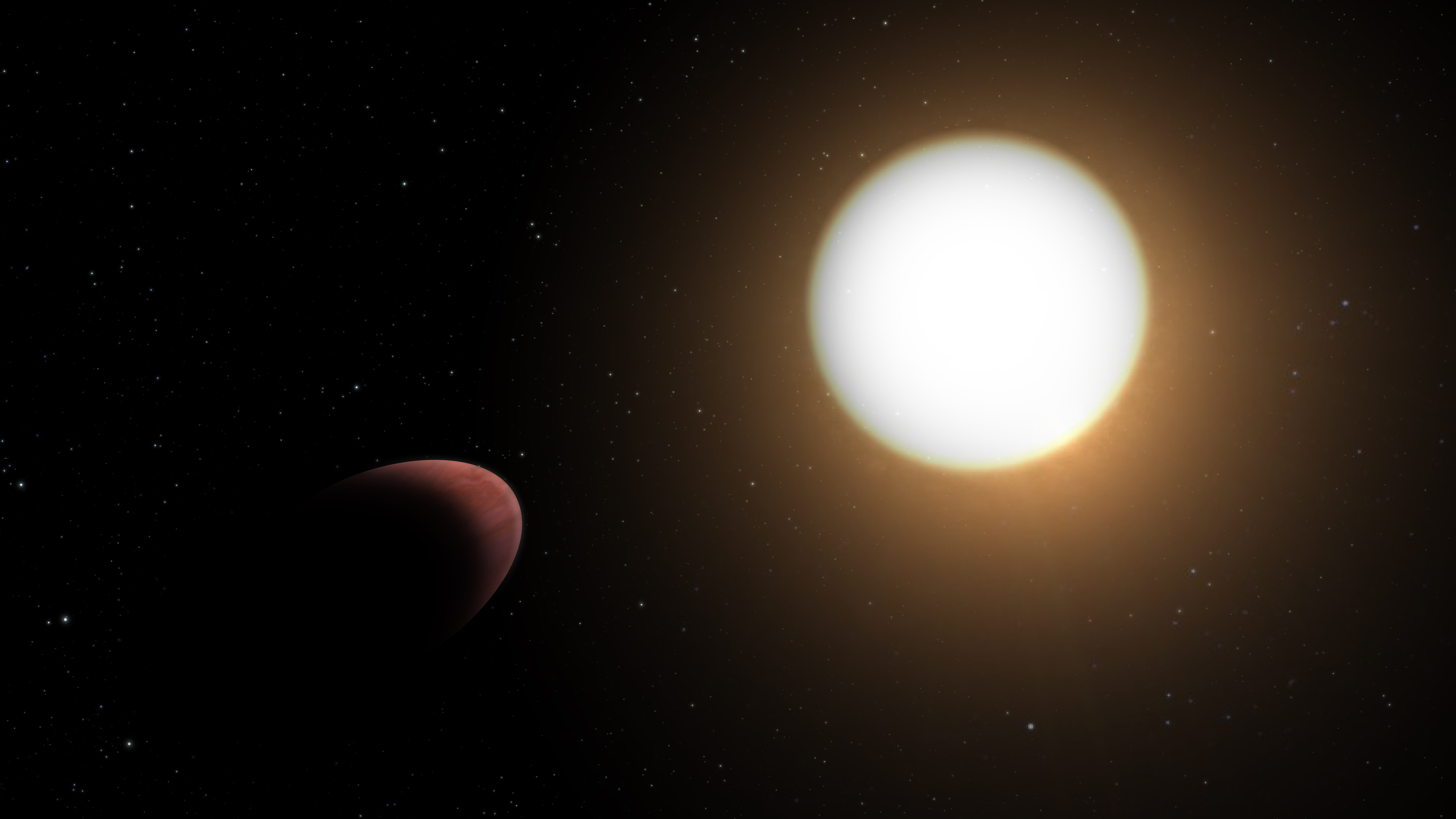 Künstlerische Darstellung des Planeten WASP-103b und seines Wirtssterns: Daten des Weltraumteleskops CHEOPS haben gezeigt, dass der Exoplanet, der seinen Wirtsstern innerhalb eines Tages umkreist, eher die Form eines Rugbyballs als die einer Kugel hat. Der Planet mit der Bezeichnung WASP-103b befindet sich im Sternbild Herkules. Er wurde durch die starken Gezeitenkräfte zwischen dem Planeten und seinem Wirtsstern WASP-103 deformiert, der etwa 200 Grad heisser und 1,7 Mal grösser als die Sonne ist.   © ESA