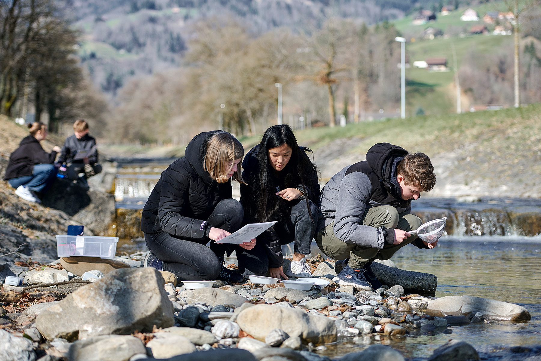 Schüler*innen untersuchen die biologische Gewässerqualität eines Bachs anhand der Lebewesen, die sie darin finden. © Manu Friederich/GLOBE Schweiz