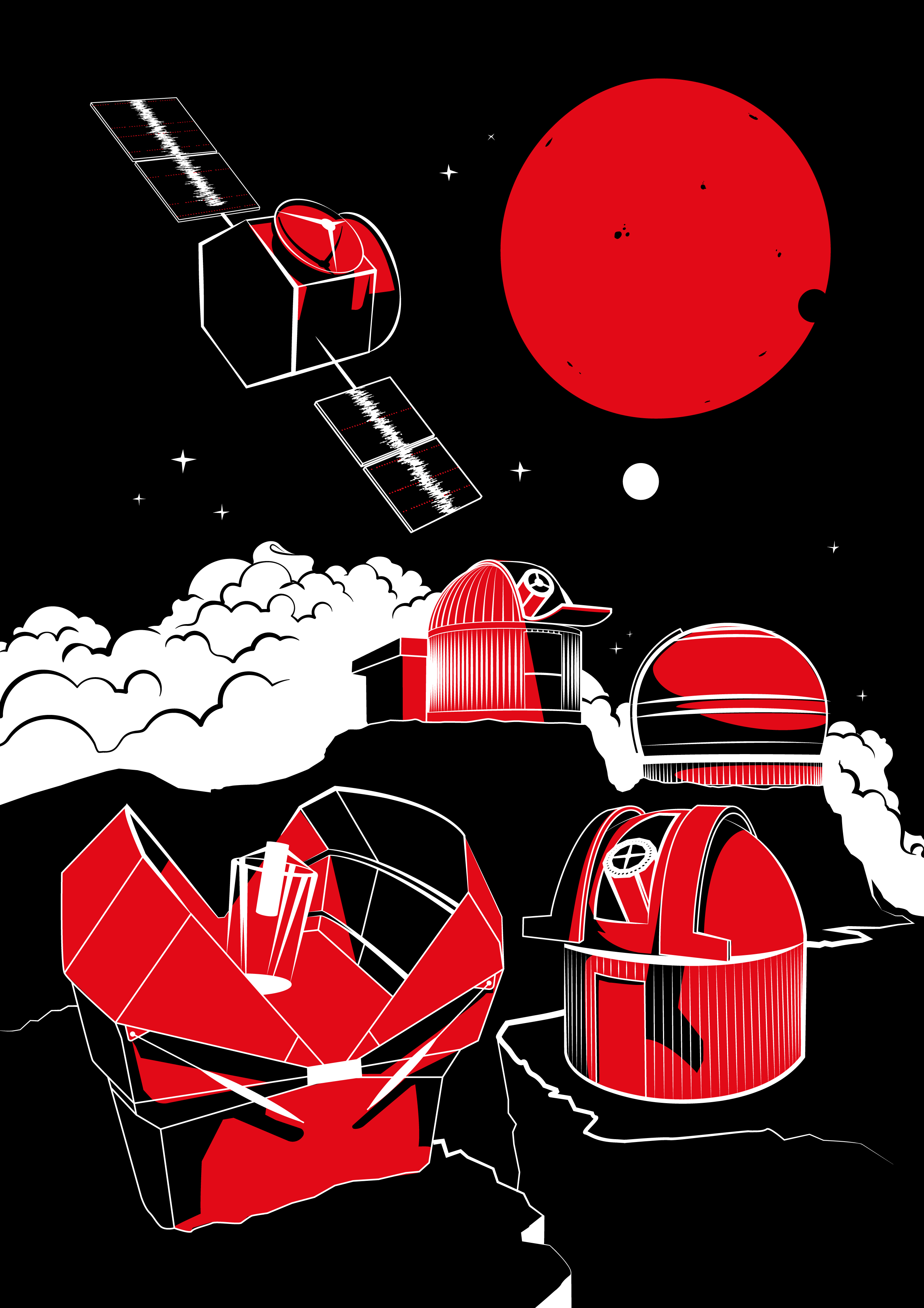 Künstlerische Darstellung des roten Sterns und seiner beiden Planeten, zusammen mit einigen der Teleskope, die für die Entdeckung verwendet wurden. © University of Birmingham / Amanda J. Smith