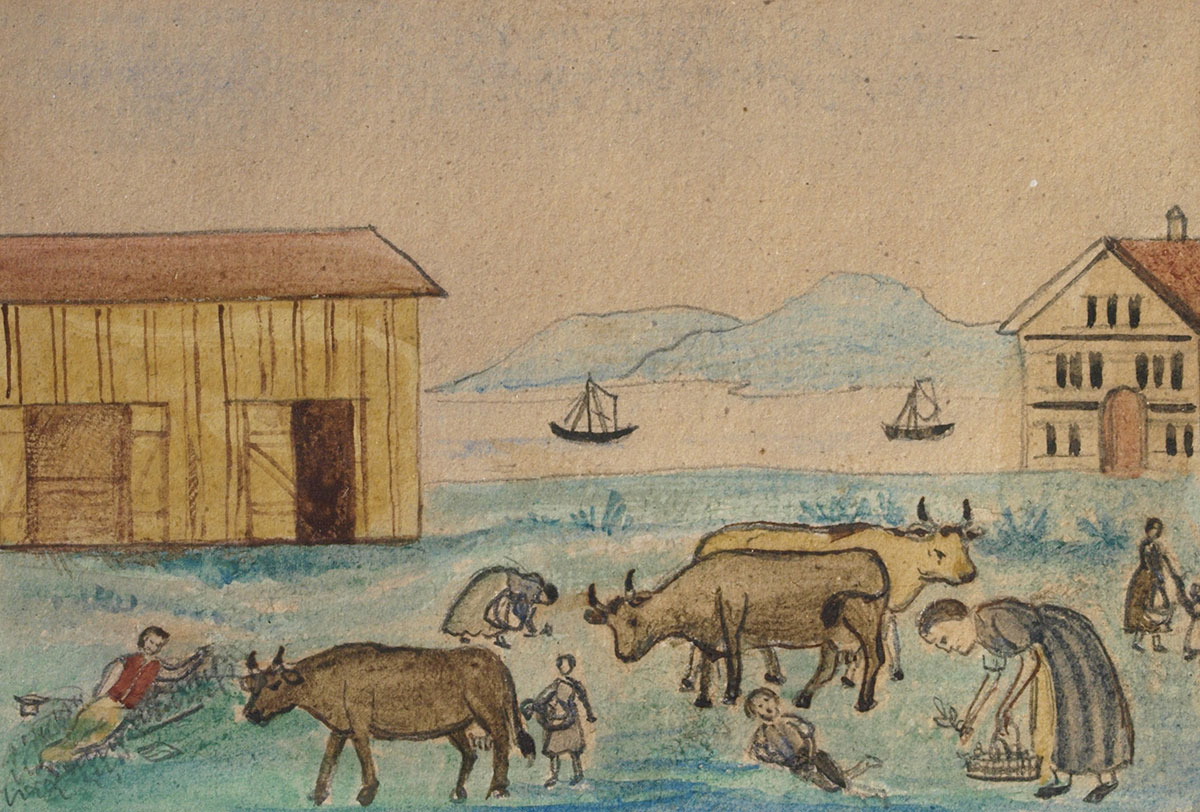 Das Bild zeigt eine Zeichnung von Menschen, die aufgrund der Hungerkrise mit dem Vieh zusammen Gras assen.