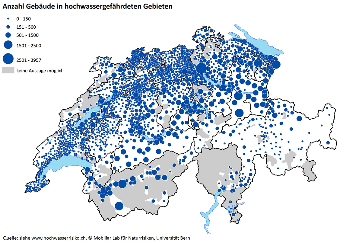 Anzahl Gebäude in hochwassergefährdeten Gebieten. Quelle: Siehe www.hochwasserrisiko.ch, © Mobiliar Lab für Naturrisiken, Universität Bern