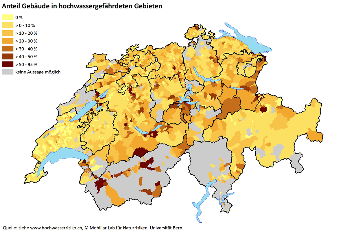 Anteil Gebäude in hochwassergefährdeten Gebieten. Quelle: Siehe www.hochwasserrisiko.ch, © Mobiliar Lab für Naturrisiken, Universität Bern