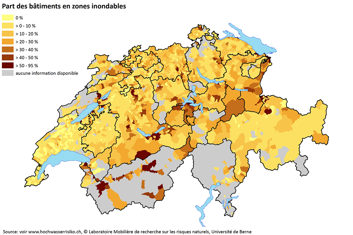 Anteil Gebäude in hochwassergefährdeten Gebieten. Quelle: Siehe www.hochwasserrisiko.ch, © Mobiliar Lab für Naturrisiken, Universität Bern