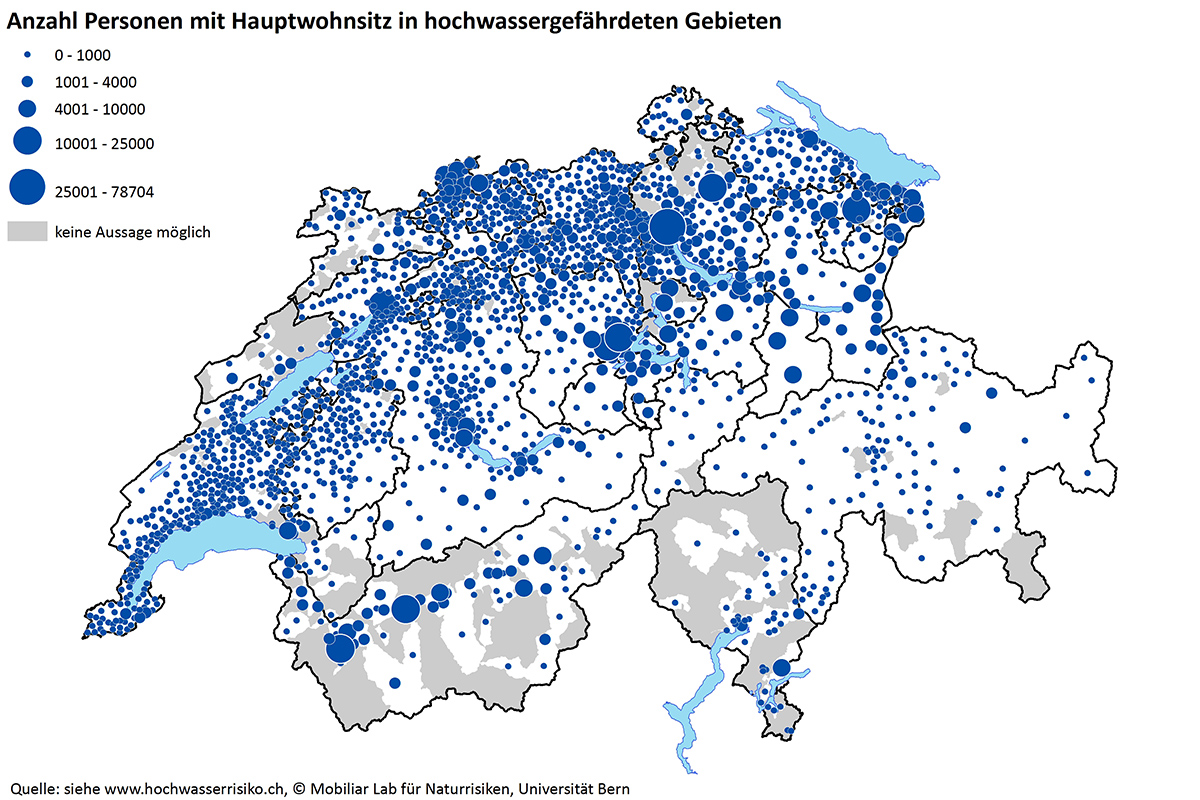 Anzahl Personen mit Hauptwohnsitz in hochwassergefährdeten Gebieten. Quelle: Siehe www.hochwasserrisiko.ch, © Mobiliar Lab für Naturrisiken, Universität Bern