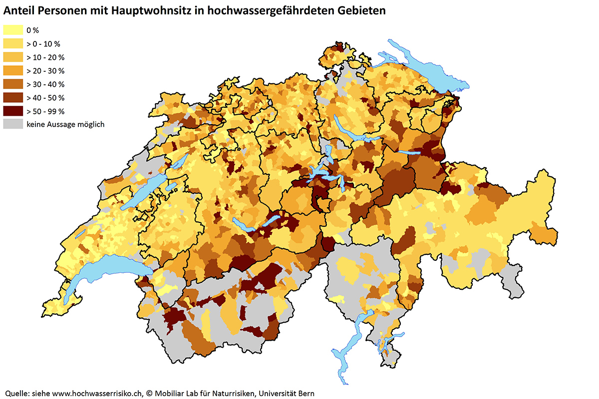 Anteil Personen mit Hauptwohnsitz in hochwassergefährdeten Gebieten. Quelle: Siehe www.hochwasserrisiko.ch, © Mobiliar Lab für Naturrisiken, Universität Bern