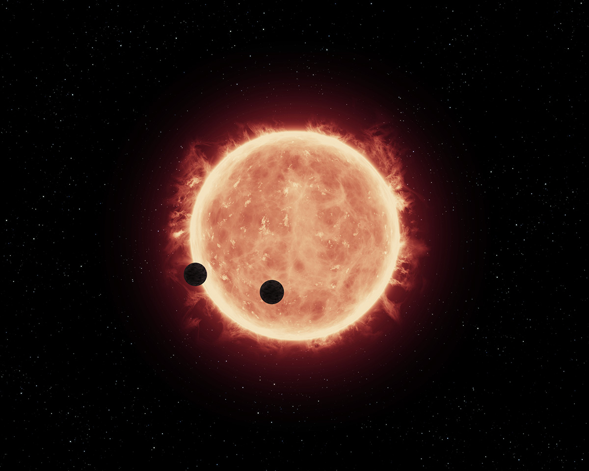 Künstlerische Darstellung von erdgrossen Planeten, die um einen roten Zwergstern kreisen. Artist’s impression of Earth-sized planets orbiting a red dwarf star. @ NASA, ESA, and G. Bacon (STScI)