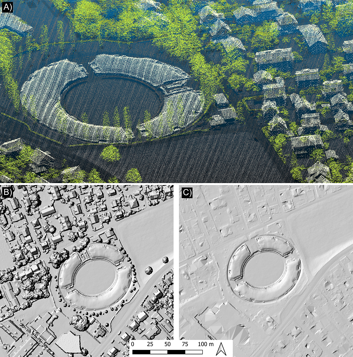 Die verschiedenen von swisstopo zur Verfügung gestellten und frei verfügbaren LiDAR-Datensätze für das römische Amphitheater in Vindonissa/Windisch (Kanton Aargau):  (A) swissSURFACE3D-Punktwolke; (B) Höhenschatten des LiDAR-abgeleiteten swissSURFACE3D-Rasters; (C) Höhenschatten des LiDAR-abgeleiteten swissALTI3D