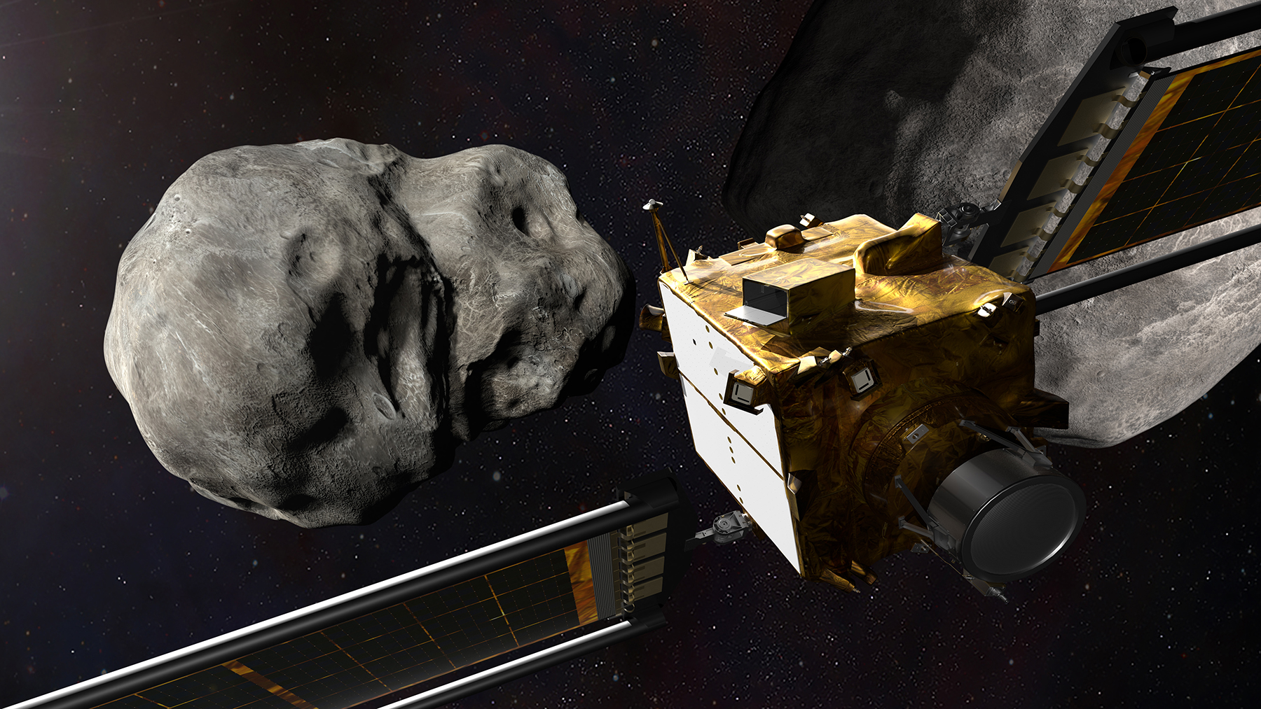 Diese künstlerische Darstellung zeigt die NASA-Raumsonde Double Asteroid Redirection Test (DART) vor dem Einschlag auf dem Asteroiden. © NASA/Johns Hopkins, APL/Steve Gribben