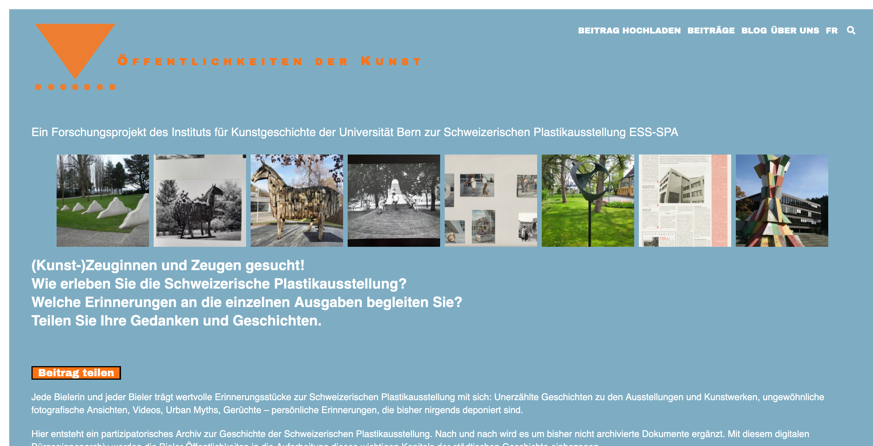 Die Startseite von publics-arts.ch. © Institut für Kunstgeschichte der Universität Bern