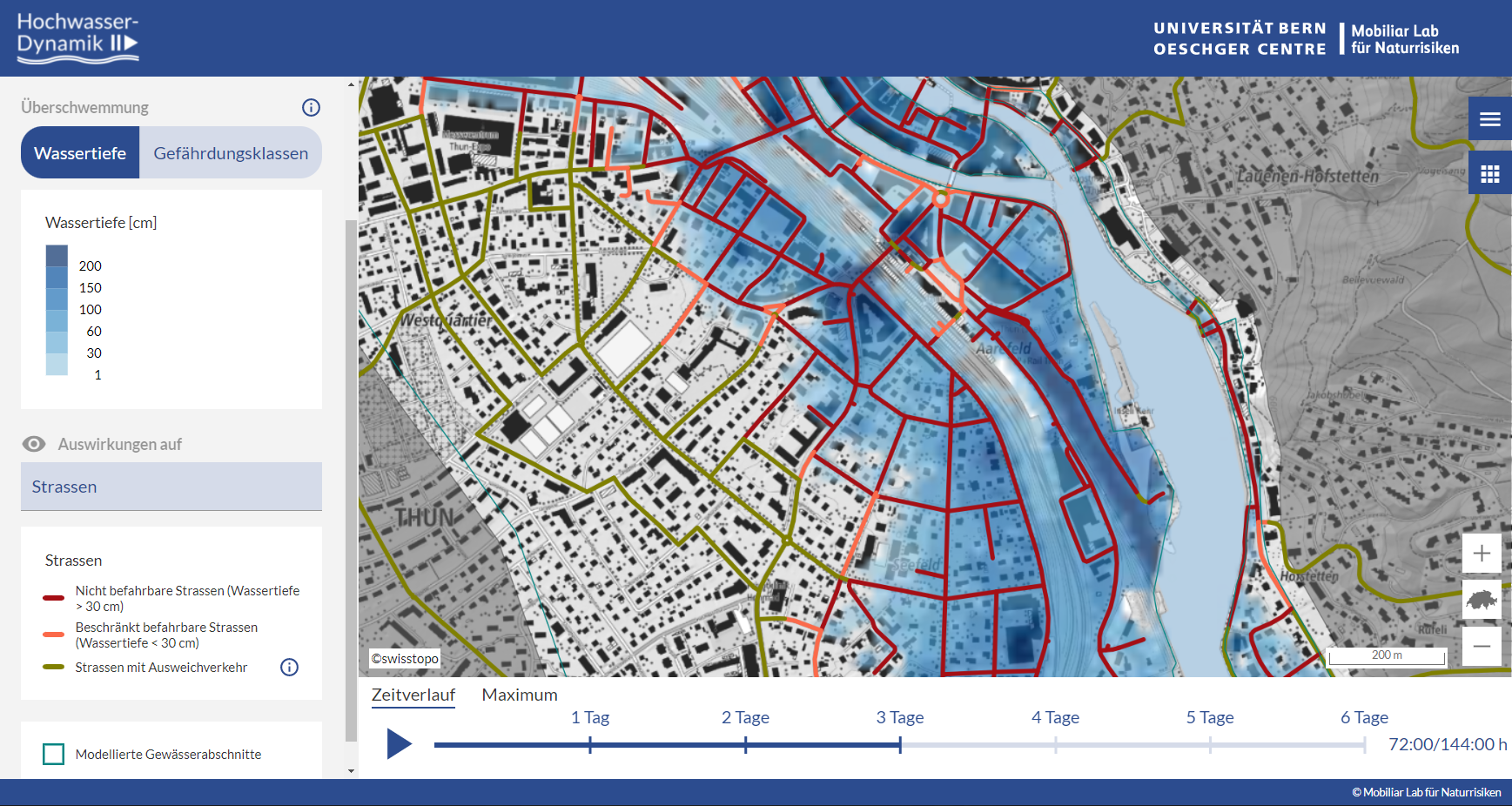 Screenshot des Hochwassertools mit Worst-Case-Szenario in Thun, bezogen auf die geschätzte Wassertiefe und Auswirkungen auf Strassen.