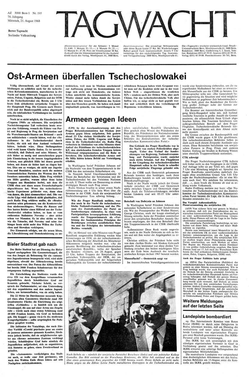 Titelseite der Berner Tagwacht vom 21.08.1968.    © Universitätsbibliothek Bern