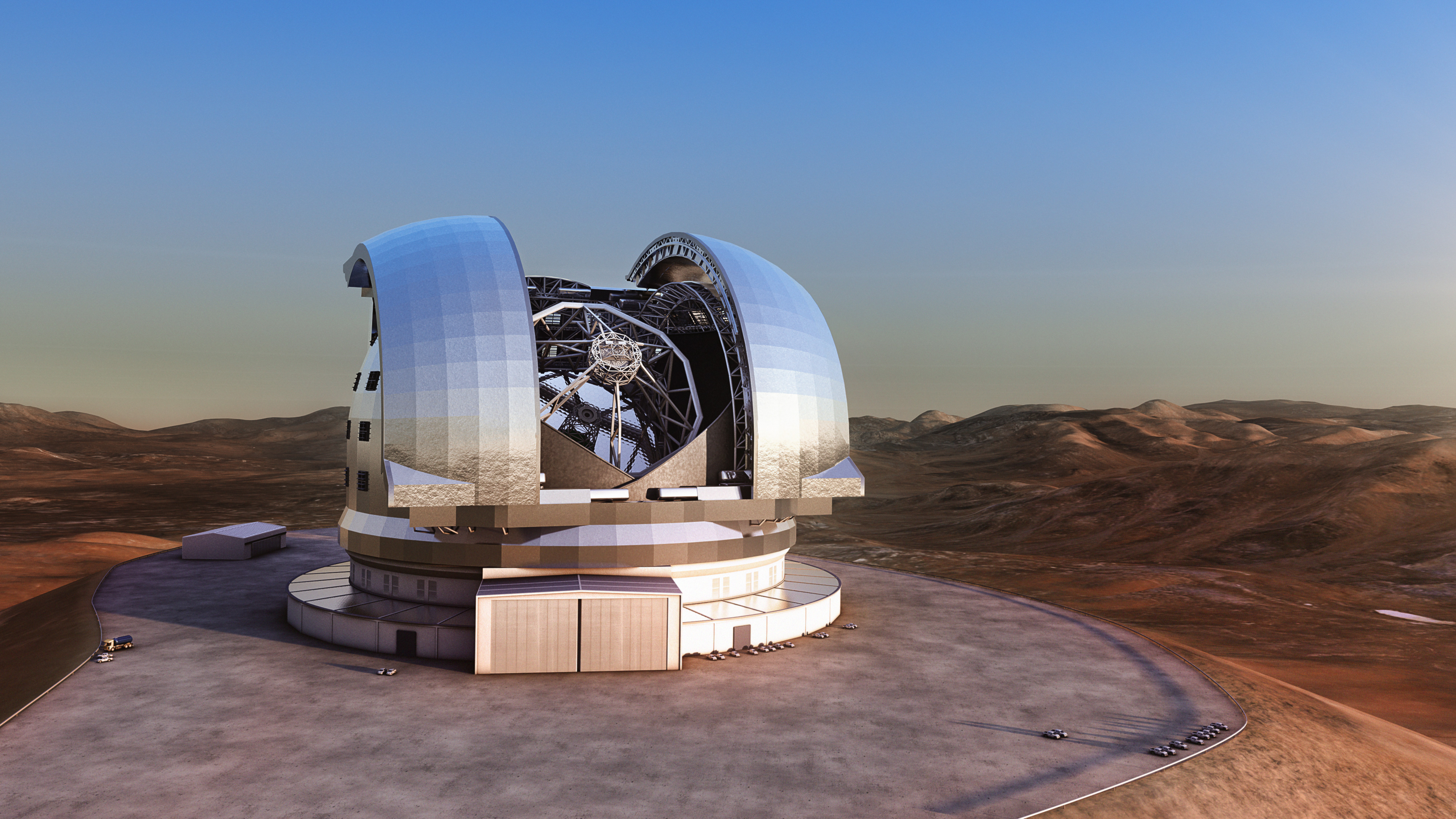 Diese künstlerische Darstellung zeigt das Extremely Large Telescope (ELT) in seiner Kuppel auf dem Cerro Armazones, einem 3046 Meter hohen Berg in der chilenischen Atacamawüste. Mit einem Hauptspiegeldurchmesser von 39,3 Metern wird das ELT das weltweit grösste Teleskop für den sichtbaren und nahinfraroten Spektralbereich sein. Es soll zu Beginn des kommenden Jahrzehnts in Betrieb gehen und sich einigen der grössten wissenschaftlichen Rätsel unserer Zeit widmen. Bildnachweis: ESO/L. Calçada