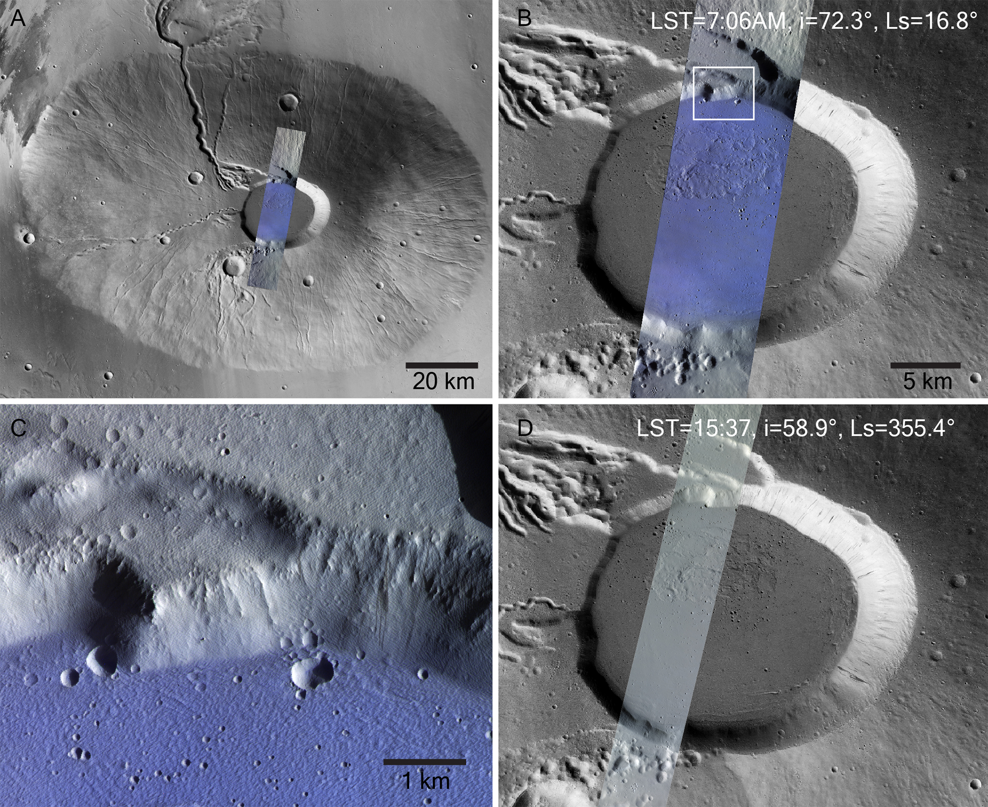 Dieses Bild zeigt Frost auf dem Boden der Caldera des Vulkans Ceraunius Tholus. Die Bilder zeigen (A) eine Ansicht des Ceraunius Tholus von der Context Camera des Mars Reconnaissance Orbiters der NASA, wobei innerhalb des blau gefärbten Rechtecks eine frühmorgendliche Aufnahme von CaSSIS zu sehen ist, welche in Bild (B) vergrössert ist. Das weisse Rechteck von Bild (B) ist in Bild (C) vergrössert und zeigt allgegenwärtigen Frost auf dem Calderaboden, aber keinen auf dem Calderarand. (D) zeigt ein CaSSIS-Bild der gleichen Region, das zu einer anderen Tageszeit aufgenommen wurde, als kein Frost vorhanden war.    Die frostigen Regionen erscheinen blau aufgrund der Art und Weise, wie CaSSIS seine Bilder aufbaut. Es ist ein sogenanntes «NPB»-Bild, für das die Nahinfrarot- (N), panchromatischen (P) und blauen (B) Filter des Instruments kombiniert werden.