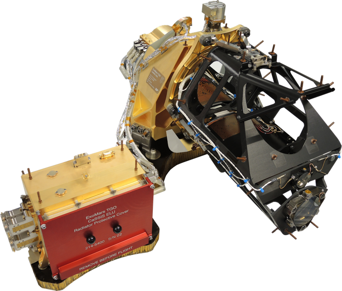 Bild der Marskamera CaSSIS (Colour and Stereo Surface Imaging System). Das Kamerasystem wurde von einem internationalen Team unter der Leitung von Nicolas Thomas vom Physikalischen Institut der Universität Bern entwickelt und gebaut. CaSSIS ist an an Bord der Raumsonde ExoMars Trace Gas Orbiter (TGO) und beobachtet seit April 2018 den Mars. Die Kamera liefert spekatkuläre hochaufgelöste, farbige Bilder der Marsoberfläche.