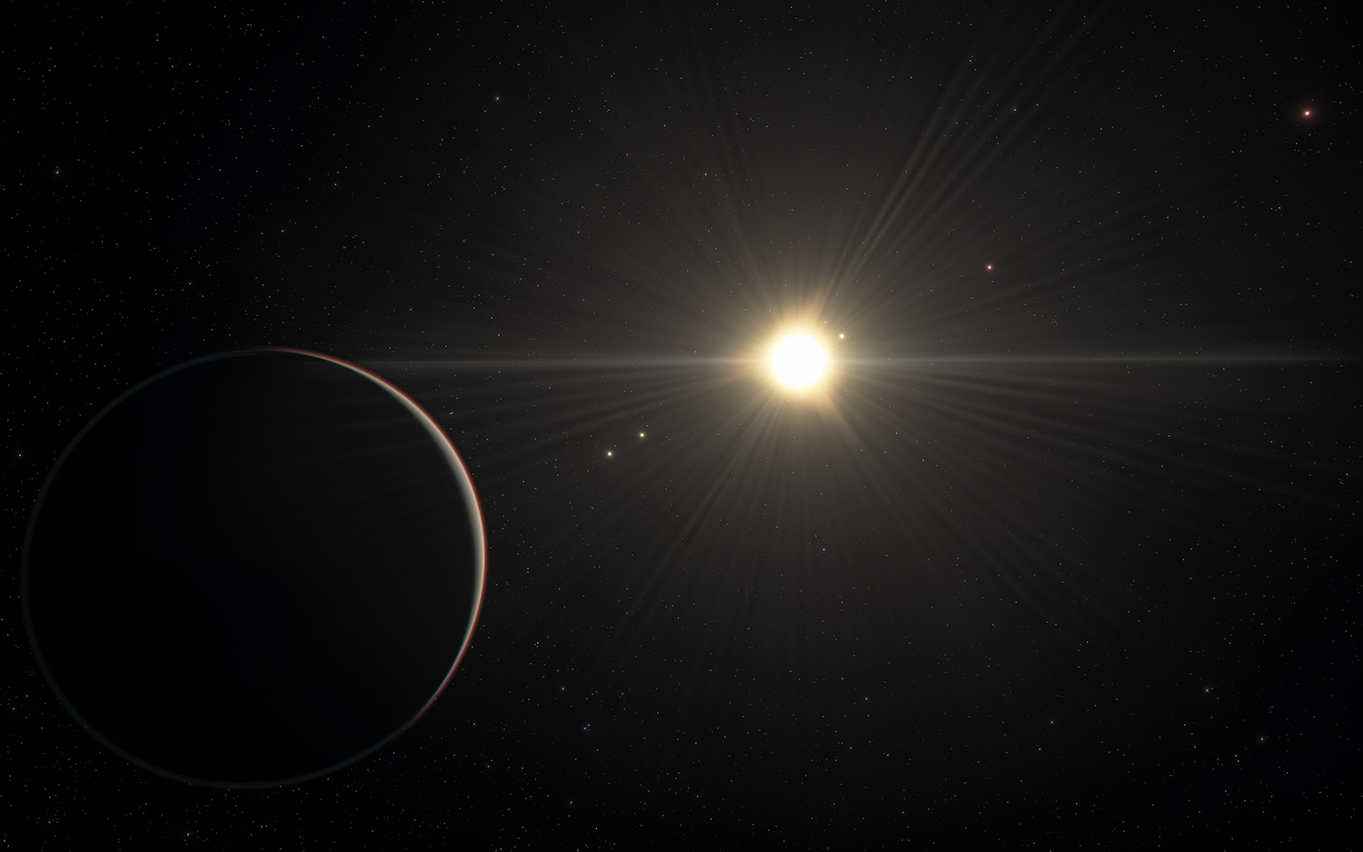 Künstlerische Darstellung des TOI-178-Systems mit dem Planeten im Vordergrund, der am entferntesten um den Stern kreist. Das System weist sechs Exoplaneten auf, die sich alle bis auf den, der dem Stern am nächsten ist, in Resonanz befinden. © ESO/L. Calçada/spaceengine.org