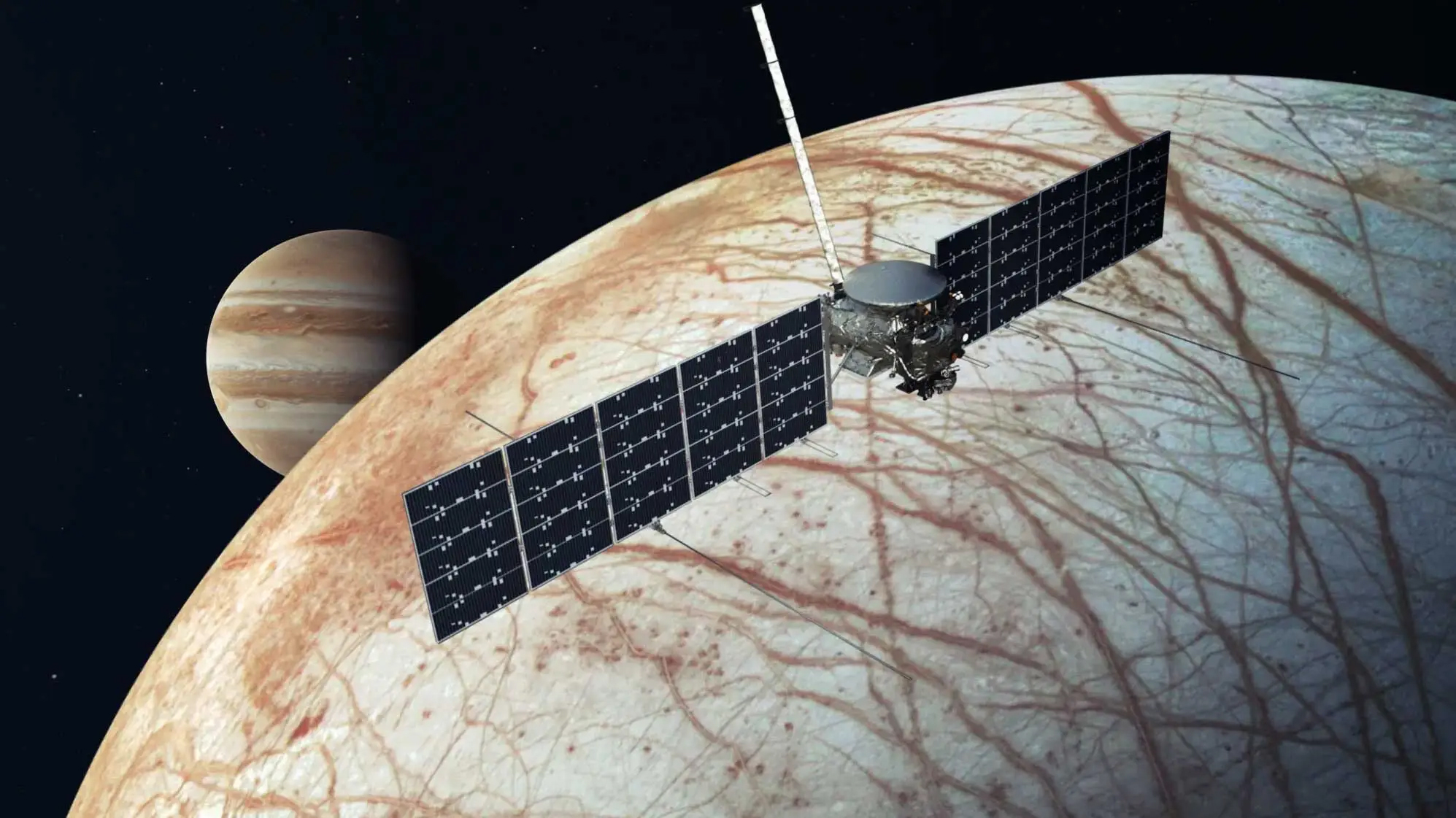 Künstlerische Darstellung der Europa Clipper-Raumsonde der NASA.