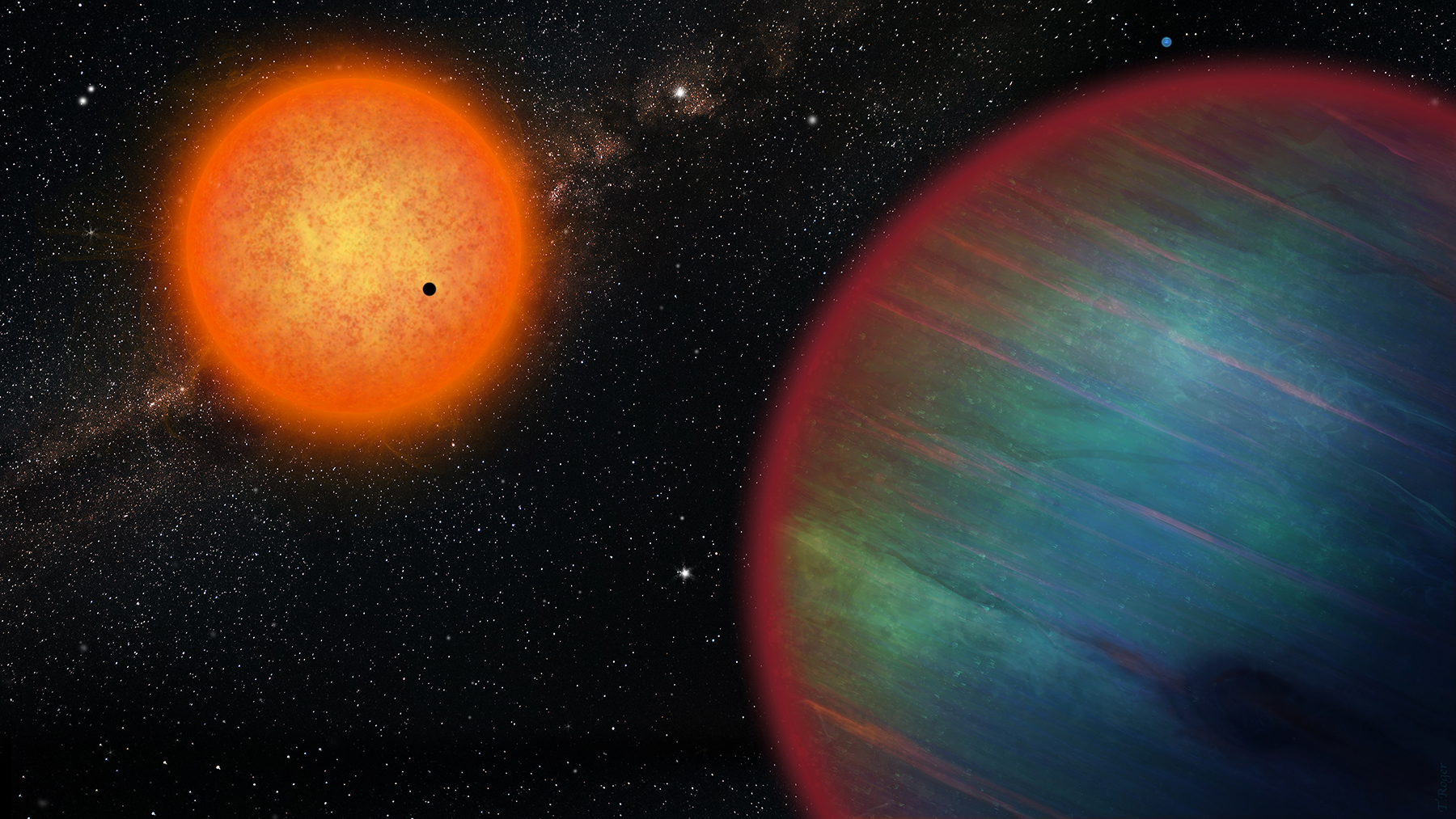 Das WASP-132-System war dafür bekannt, dass es WASP-132b beherbergt, hier im Vordergrund, einen heissen Jupiter-Planeten, der den Stern vom Typ K in 7,1 Tagen umkreist. Neue Daten bestätigen, dass das System weitere Planeten hat, darunter eine innere Supererde, die hier vor dem orangefarbenen Mutterstern vorbeizieht. Als blassblauer Punkt in der oberen rechten Ecke ist auch der Riesenplanet WASP-132d zu sehen, der in den Aussenbereichen des Systems entdeckt wurde.  © UNIGE, Illustration: Thibaut Roger
