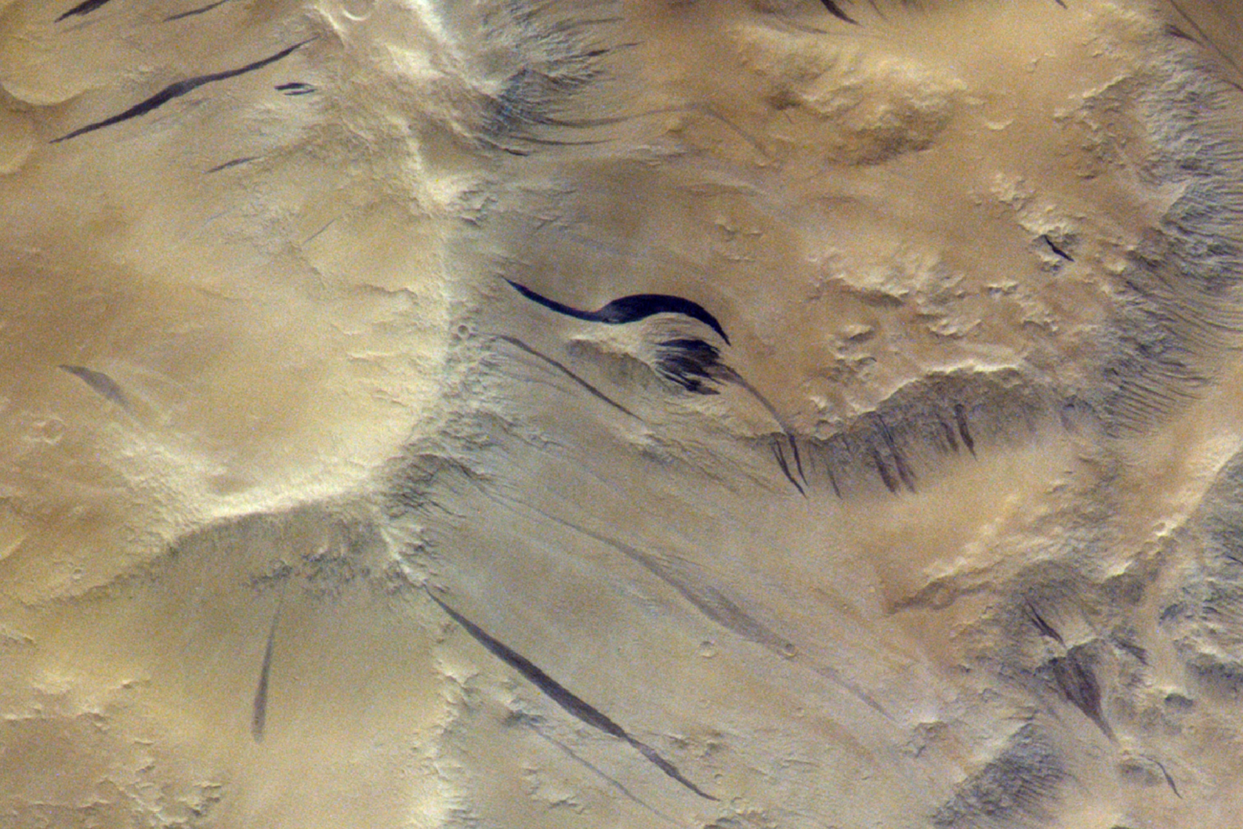 Helle und dunkle Hangstreifen auf der Oberfläche des Mars. © ESA/TGO/CaSSIS CC-BY-SA 3.0 IGO