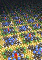 Ausschnitt einer Goldoberfläche mit einer Monolage von zwei Arten von magnetischen Molekülen, welche im Schachbrettmuster angeordnet sind. Die roten und blauen Pfeile zeigen die Richtung der einzelnen magnetischen Momente (Spins) der Eisen- und Mangan-Ionen an. Es resultiert ein zweidimensionaler Ferrimagnet. © Thomas Jung, PSI, Schweiz