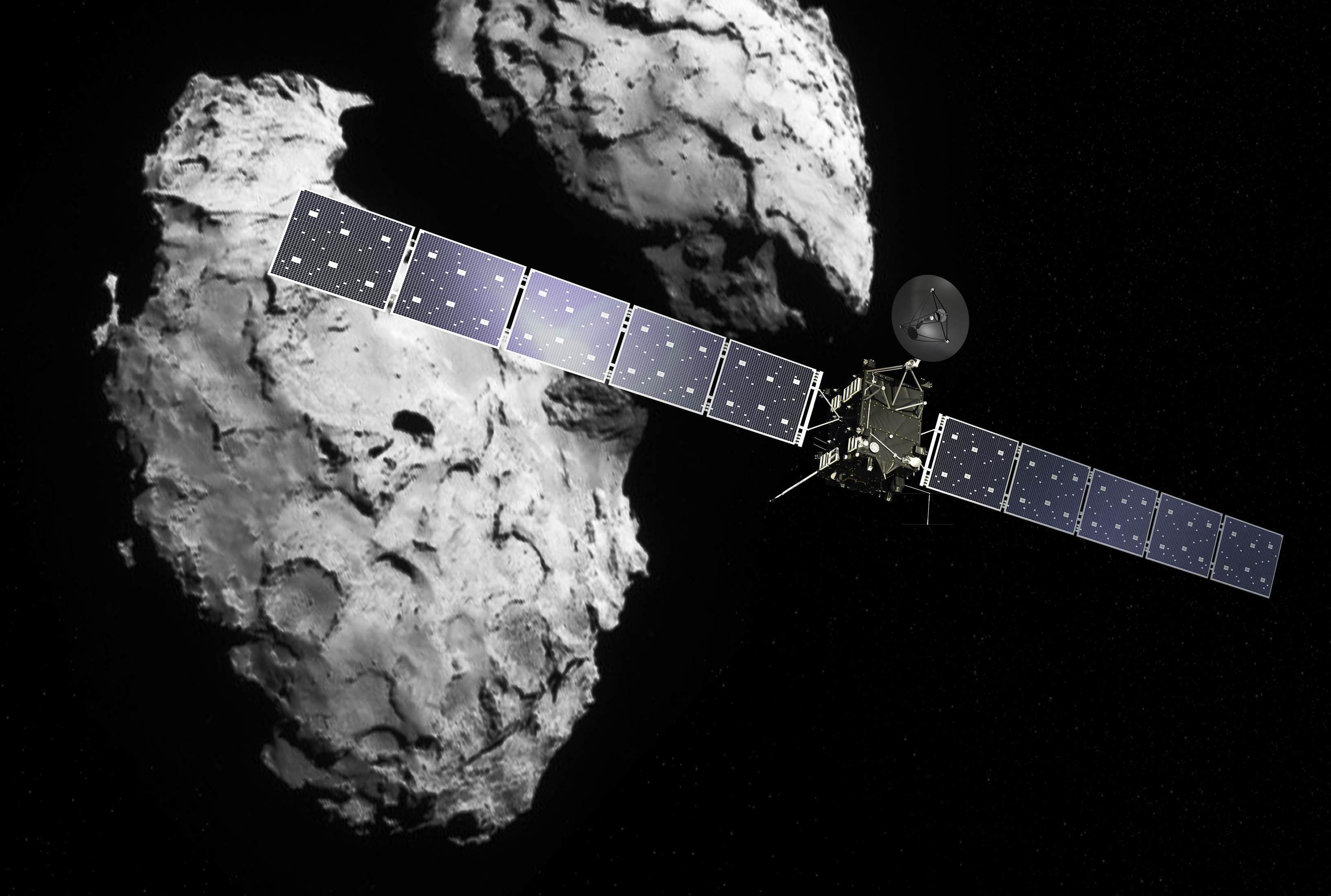 Die Rosetta-Raumsonde in Umlaufbahn um den Kometen 67P/Churyumov-Gerasimenko. Mit dabei: Das Massenspektrometer ROSINA, eines der Schlüsselexperimente der Mission.  (Credit: ESA / ATG medialab / Rosetta / Navcam).