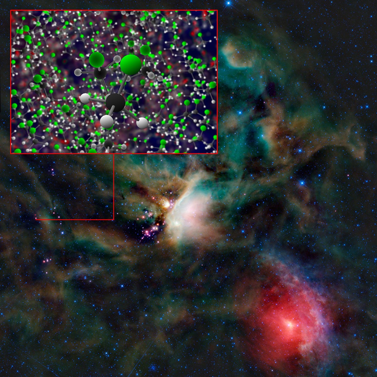 Methylchlorid, das von ALMA im Sternentstehungsgebiet IRAS 16293-2422 entdeckt wurde. Dieselbe organische Verbindung fand die Rosetta-Raumsonde beim Kometen 67P/C. © B. Saxton (NRAO/AUI/NSF)