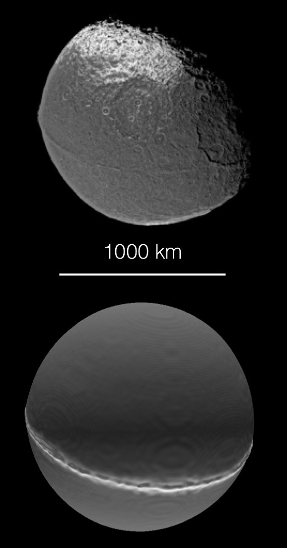 Das obere Bild zeigt den grossen Saturnmond Iapetus, fotografiert von Cassini. Er hat eine abgeplattete Form und einen Gebirgszug um den Äquator. Unten: Das Ergebnis der Simulation einer frontalen Fusion von zwei gleich grossen Körpern mit je der Hälfte der Masse von Iapetus. © NASA/JPL/Space Science Institute/Universität Bern
