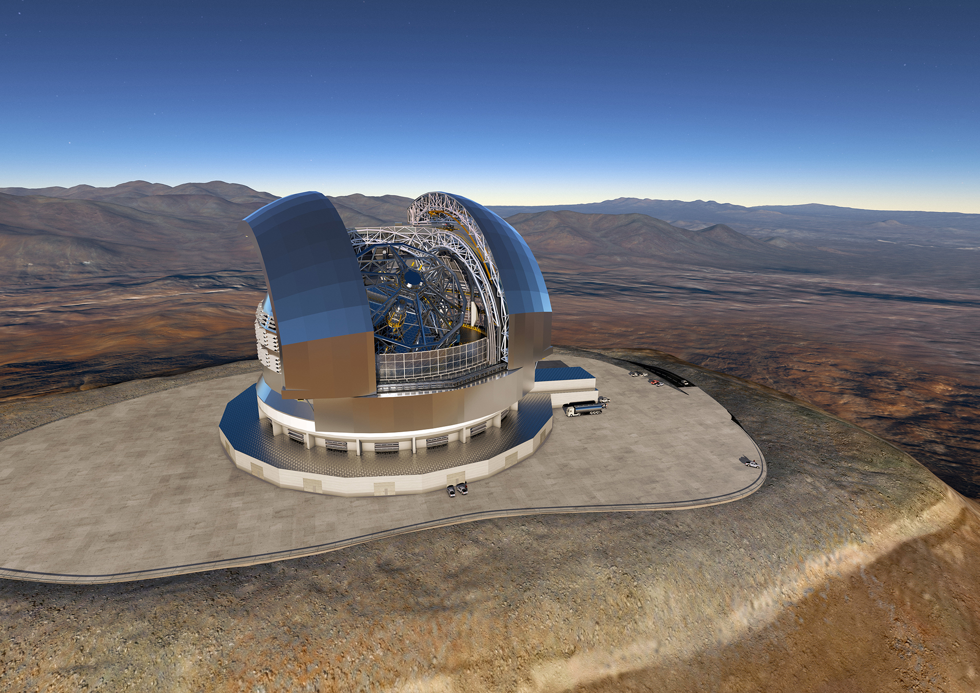 In Chile baut die Europäische Südsternwarte ESO das Extremely Large Telescope (ELT) mit einem Spiegeldurchmesser von 39 Metern. ESO ELT, Bildnachweis ESO/L. Calçada/Ace Consortium