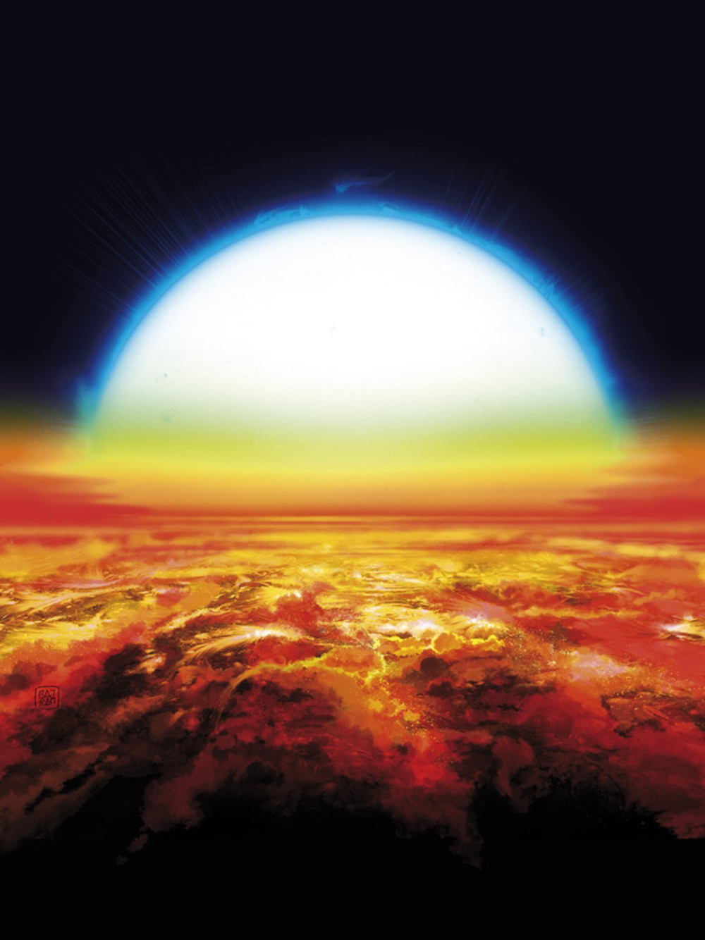 Künstlerische Ansicht eines Sonnenuntergangs über KELT-9b. Unter dieser sengenden Sonne ist die Atmosphäre des Planeten warm genug, um in rötlich-orangenen Tönen zu leuchten und Schwermetalle wie Eisen und Titan zu verdampfen. © Denis Bajram