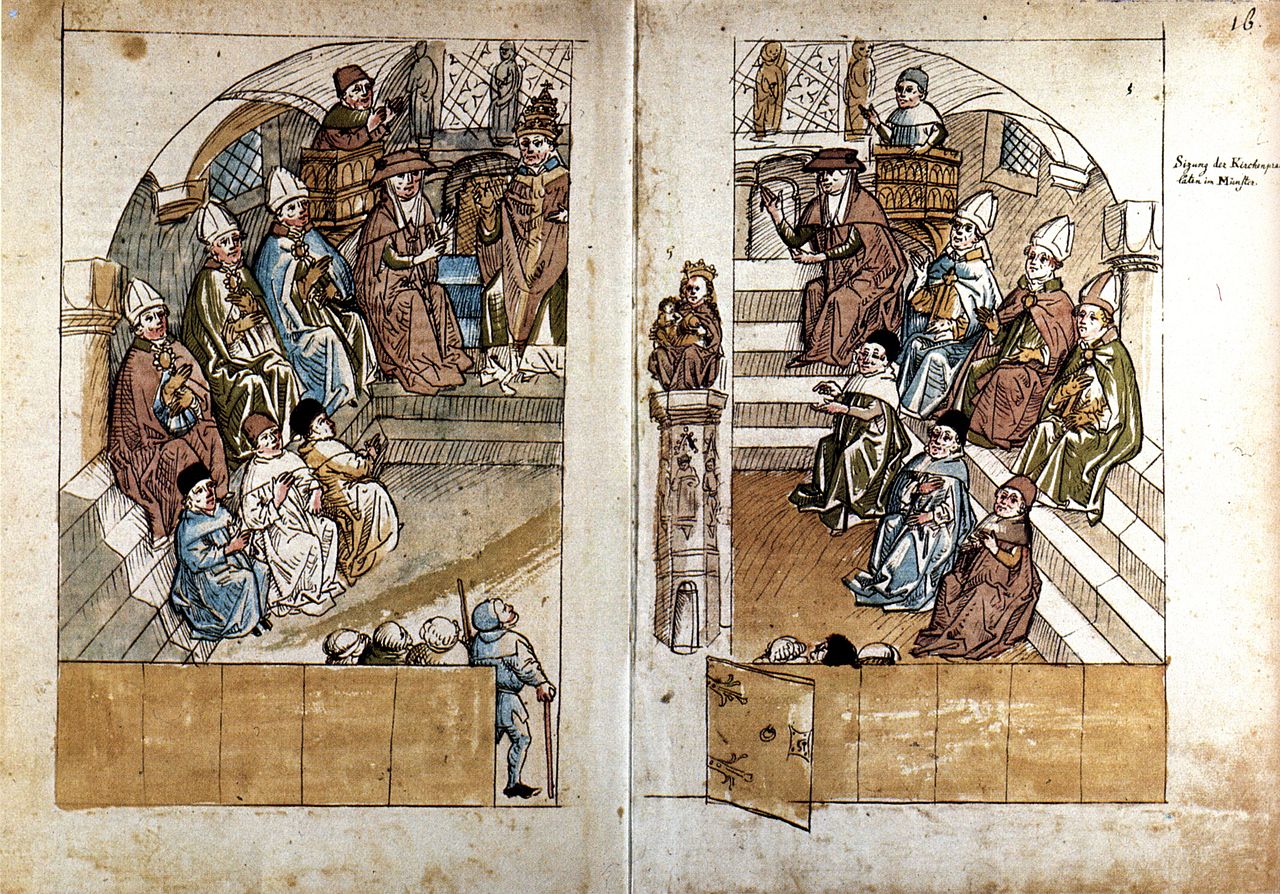 Konzil von Konstanz (1414-1418): Sitzung im Konstanzer Münster (aus der Chronik des Ulrich von Richental). © Wikicommons