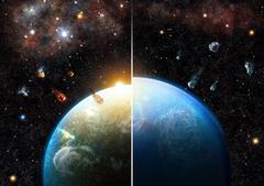 Beispiel eines Planeten, der wegen erheblichen Mengen an Aluminium-26 austrocknet (links). Planeten in Regionen mit Sternen geringer Masse sammeln hingegen viele wasserreiche Bausteine an und werden zu Ozeanwelten (rechts). Bildnachweis: Thibaut Roger