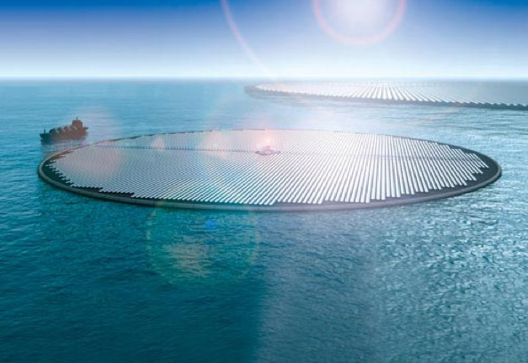 So könnten die schwimmenden Solarinseln aussehen. Auf dem Schiff links befänden sich alle notwendigen Anlagen zur Produktion von Methanol. Visualisierung: Novaton
