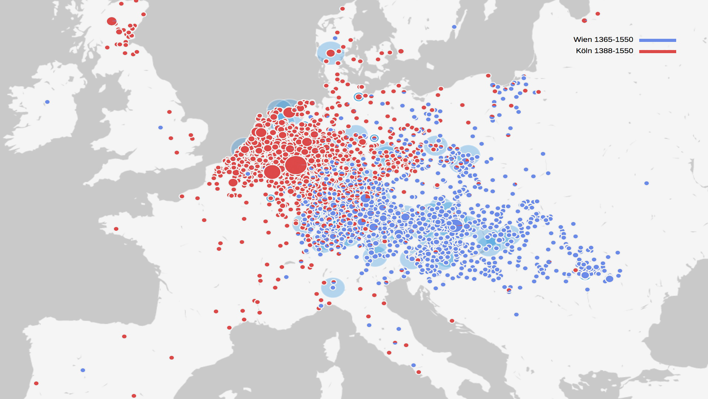 Herkunfts- und Kommunikationsräume von Gelehrten der Universitäten Köln (rot) und Wien (blau) um ca. 1550 im Vergleich.