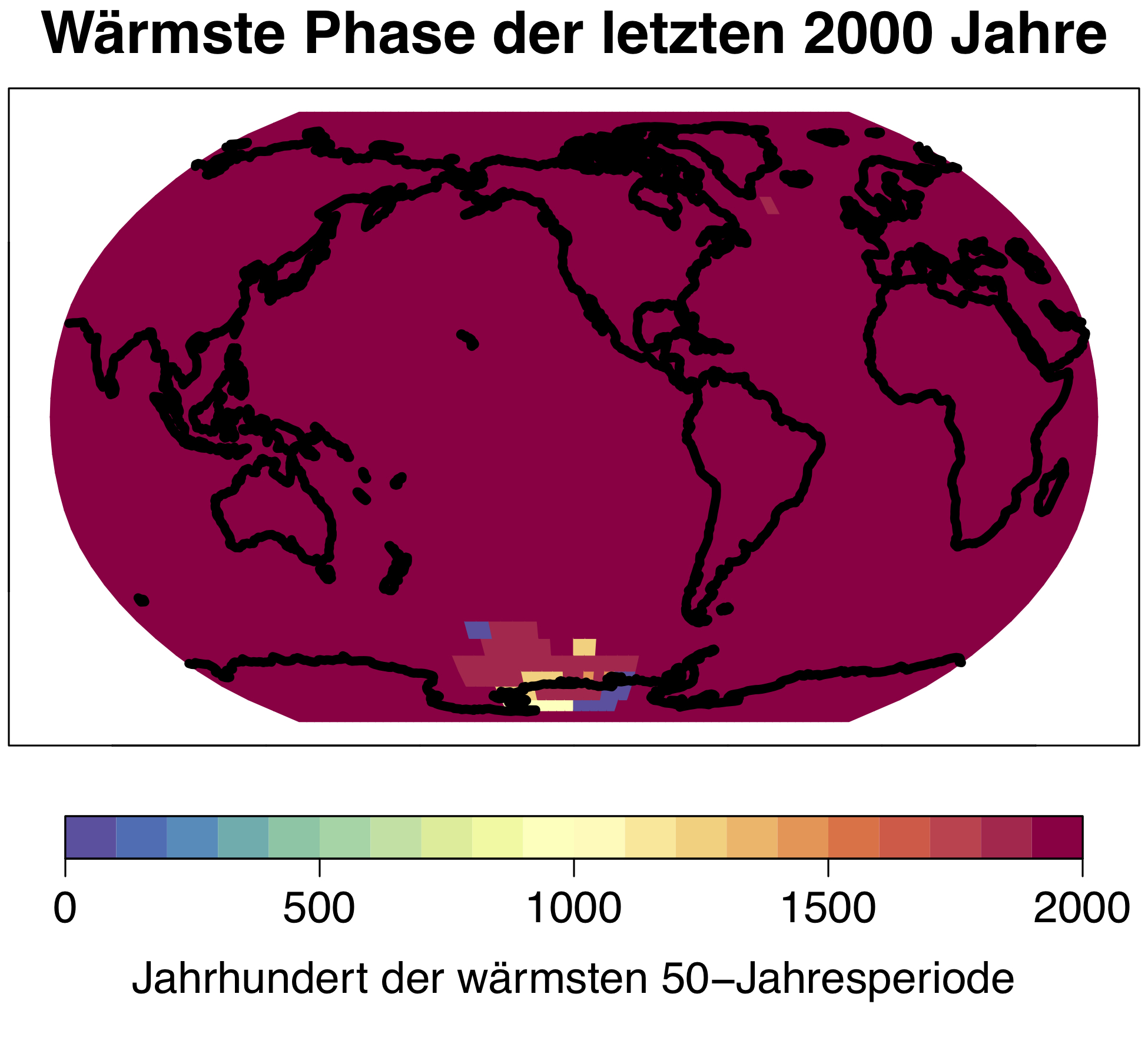 Die gegenwärtige Klimaerwärmung ist ein globales Phänomen, die wärmste 50-Jahresperiode der vergangenen 2000 Jahre trat auf über 98 Prozent der Erdoberfläche im 20. Jahrhundert auf. © Universität Bern