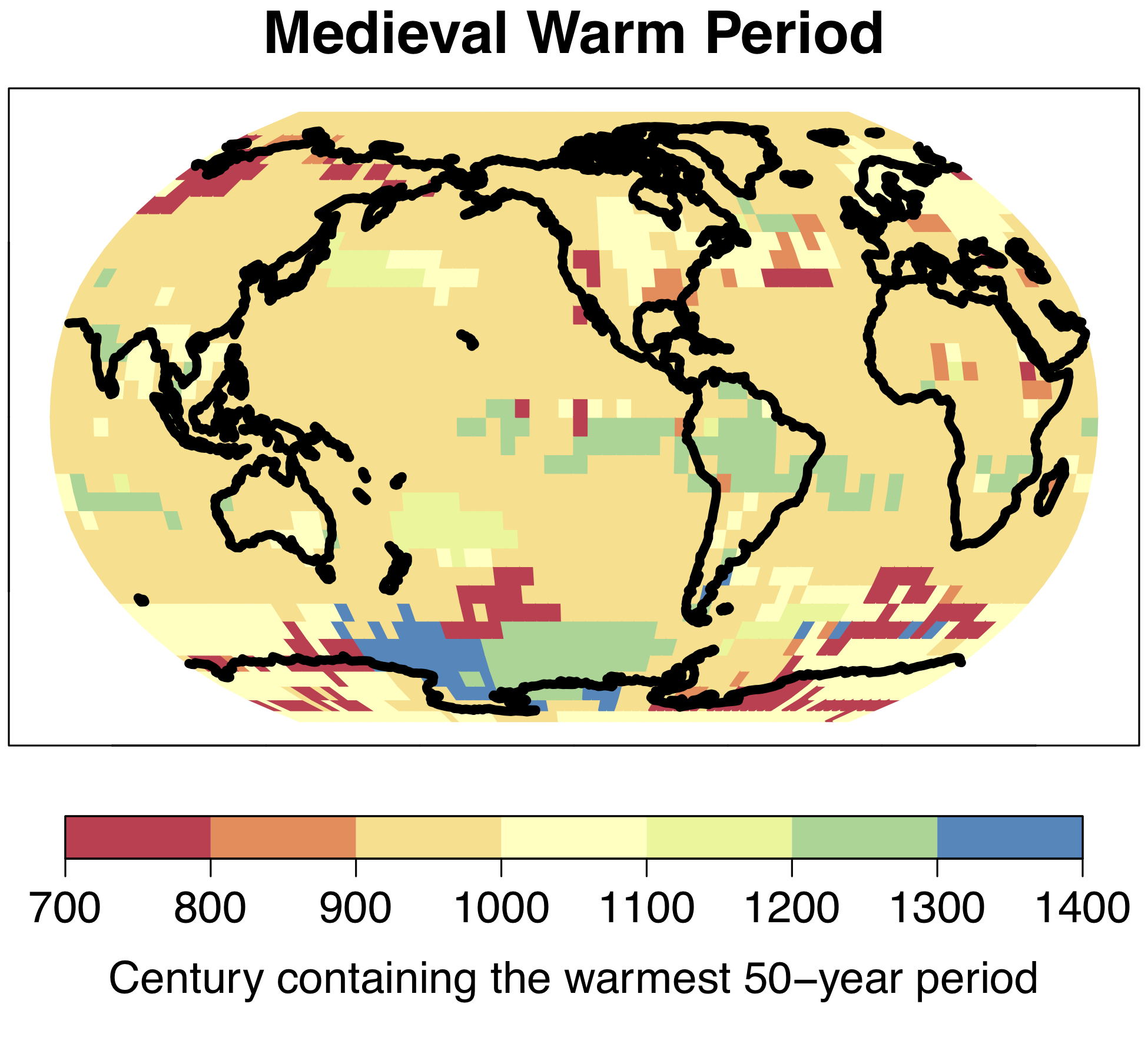 The warm period which became known as the "Medieval Warm Period" in Europe and North America was not a global phenomenon; the warmest 50-year period between the years 700 and 1400 occurred at different times in different regions. © University of Bern
