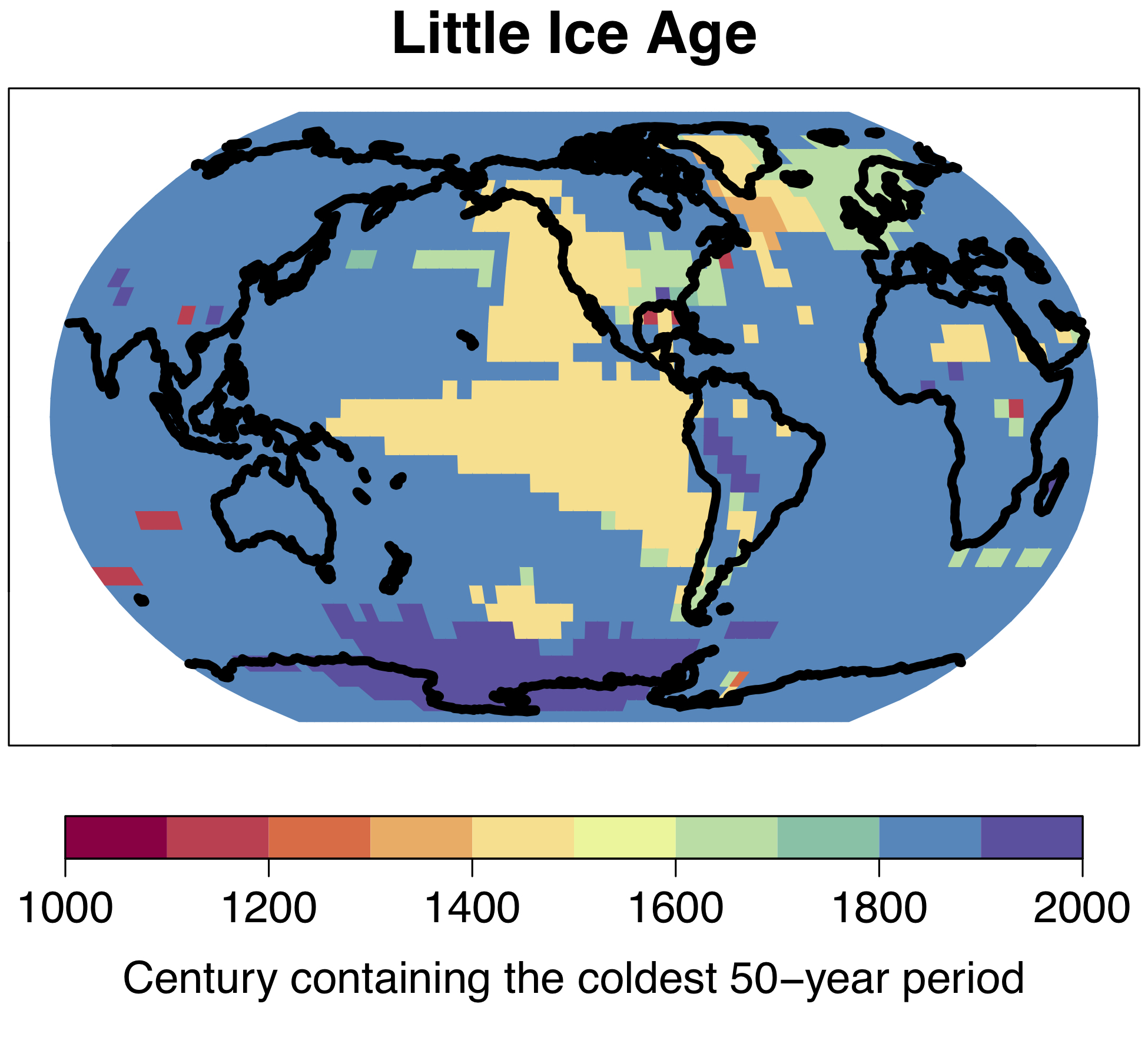 The cold period which became known as the "Little Ice Age" in Europe and North America was not a global phenomenon; the coldest 50-year period of the last millennium occurred at different times in different regions. © University of Bern