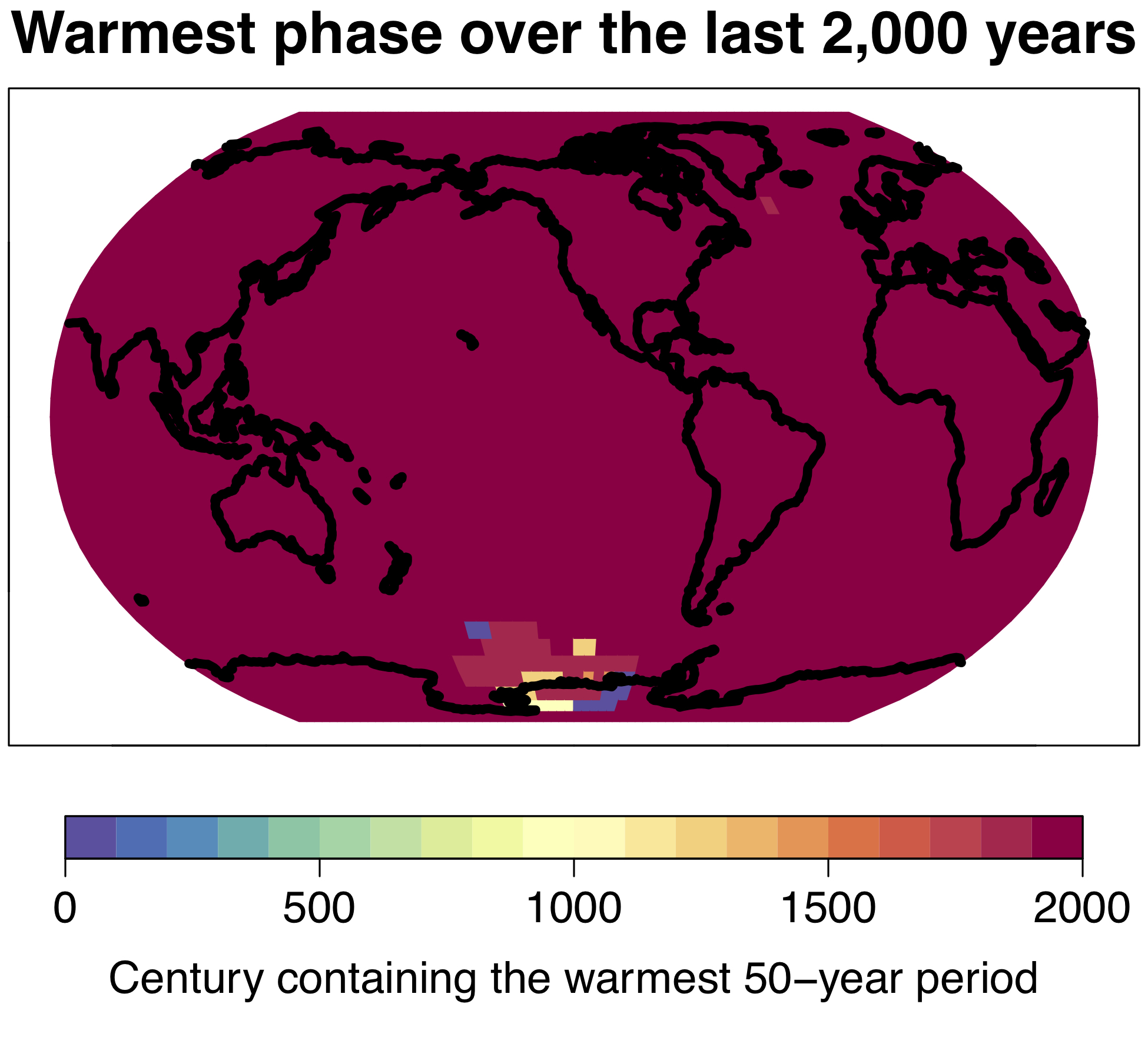 Modern global warming is a global phenomenon; the warmest 50-year period of the last 2000 years occurred on more than 98% of the earth’s surface in the 20th century.  © University of Bern