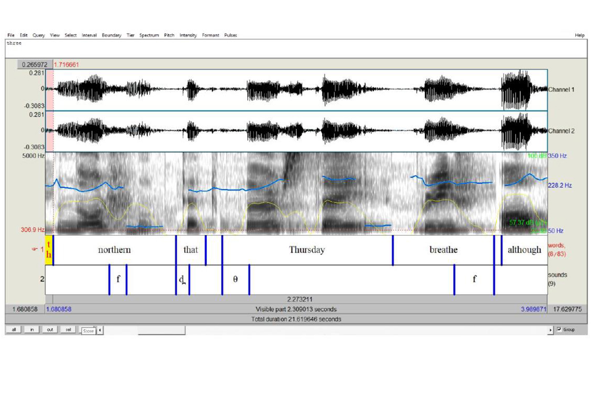 Das Spektrogramm zeigt die gesprochene Sprache detailliert auf. Das mittlere Fenster zeigt die Zeit auf der X-Achse, die Frequenz der Laute auf der Y-Achse und deren Lautstärke auf der Z-Achse. © Christine Gräppi