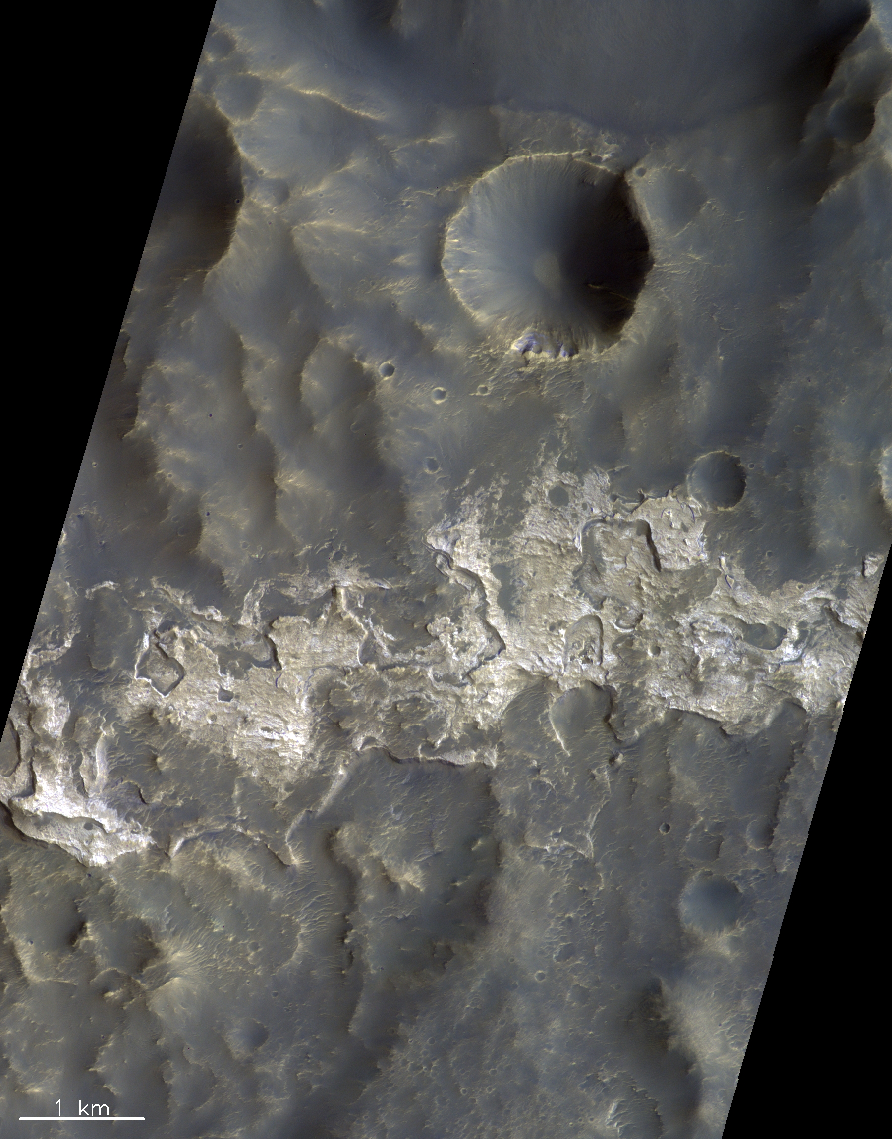 Ein von der Mars-Kamera CaSSIS aufgenommenes Bild eines Abhangs am Columbus-Krater auf der Südhalbkugel des Mars. © ESA/Roscosmos/CaSSIS