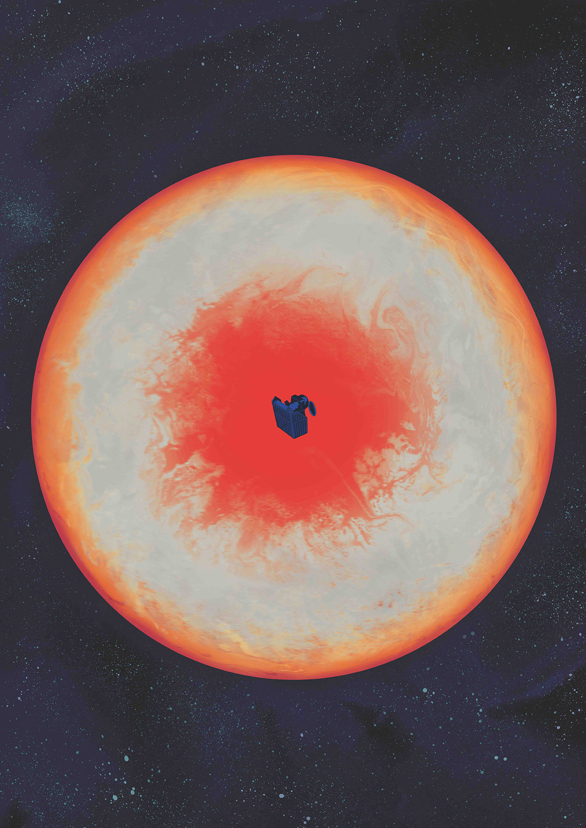 Künstlerische Darstellung von CHEOPS vor dem Exoplaneten WASP-189b, als ob sich das Weltraumteleskop zwischen der Tagesseite des Planeten und seinem blauen Stern befände. In Wirklichkeit beobachtet CHEOPS Exoplaneten von der Erdumlaufbahn aus.