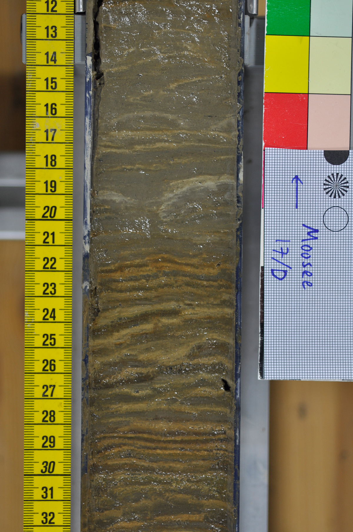 Der aufgeschnittene Sedimentkern zeigt die Schichten, die sich Jahr für Jahr auf dem Boden des Moossees abgelagert haben.