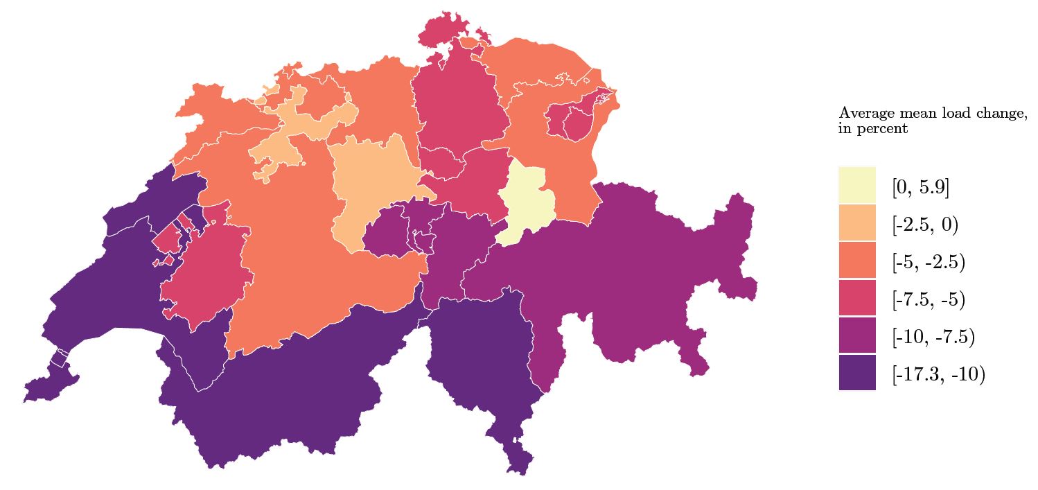 Durchschnittliche Veränderung des elektrischen Verbrauchs in den Schweizer Kantonen während des Lockdowns.  © KPM/Swissgrid