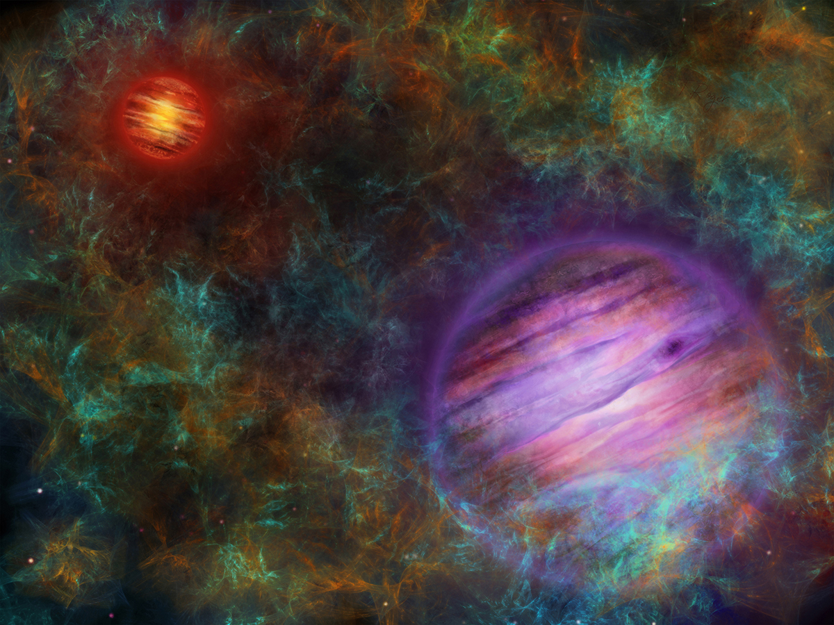 Küntlerische Darstellung der zwei Braunen Zwerge, im Vordergrund Oph 98B in lila, im Hintergrund Oph 98A in rot. Oph 98A ist der massereichere und damit leuchtstärkere und heissere der beiden. Die beiden Objekte sind von den Molekülwolken umgeben, in denen sie entstanden sind.