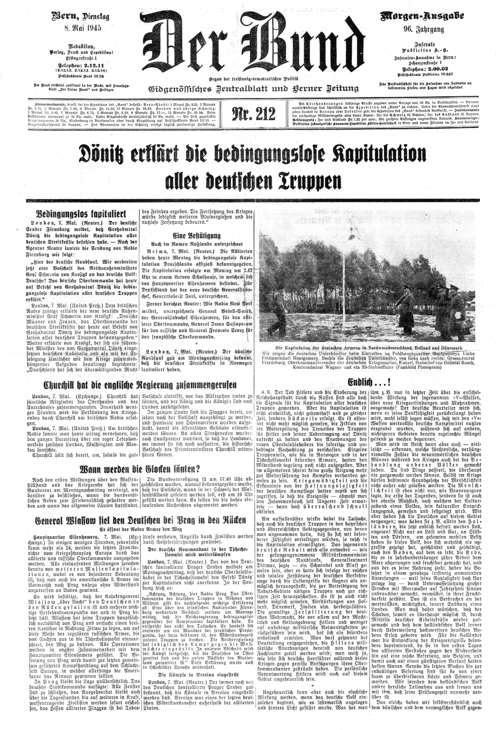 Berner Blatt mit Blick auf die Welt. Die Titelseite des «Bund» zum Ende des Zweiten Weltkriegs. Ausgabe: 8. Mai 1945.