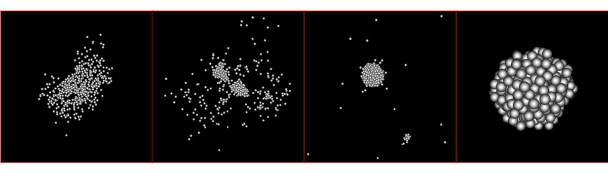 Standbilder aus der Simulation, die verschiedene Zeitpunkte nach der Kollision zeigen, von der unmittelbaren Verteilung der Teilchen, bis sie sich wieder zusammensetzen, um die endgültige, diamantenähnliche Form zu bilden.