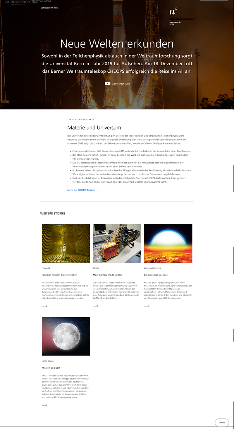 Screenshot der Einstiegsseite zum Themenschwerpunkt Materie und Universum im Jahresbericht 2019  © Universität Bern