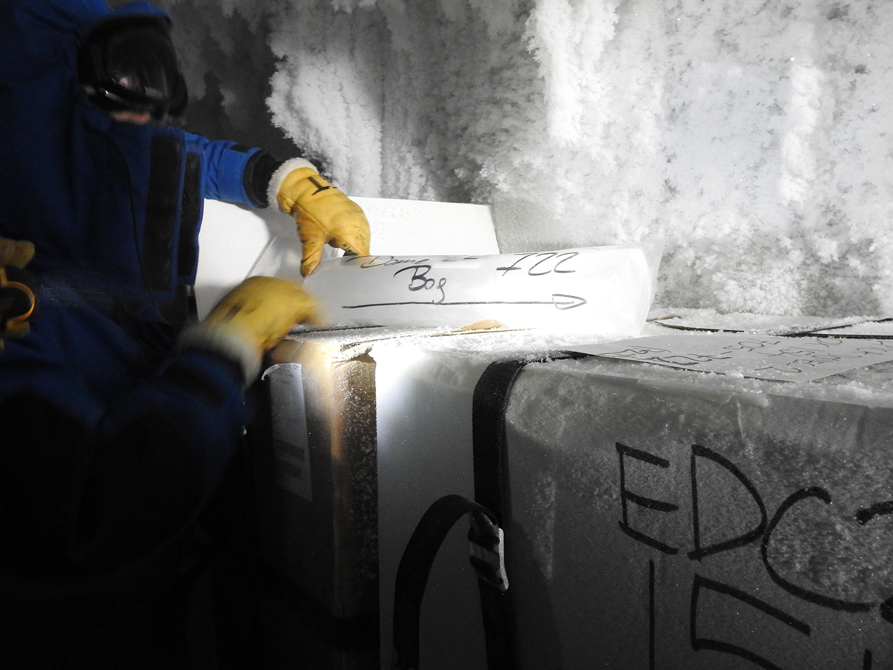 Ein Beutel mit einem 55 Zentimeter langen Abschnitt eines Eiskerns, der im Rahmen des Projekts EPICA (European Project for Ice Coring in Antarctica) beim Dome C in der Antarktis geborgen wurde. © Lucie Maignan, Institut polaire français